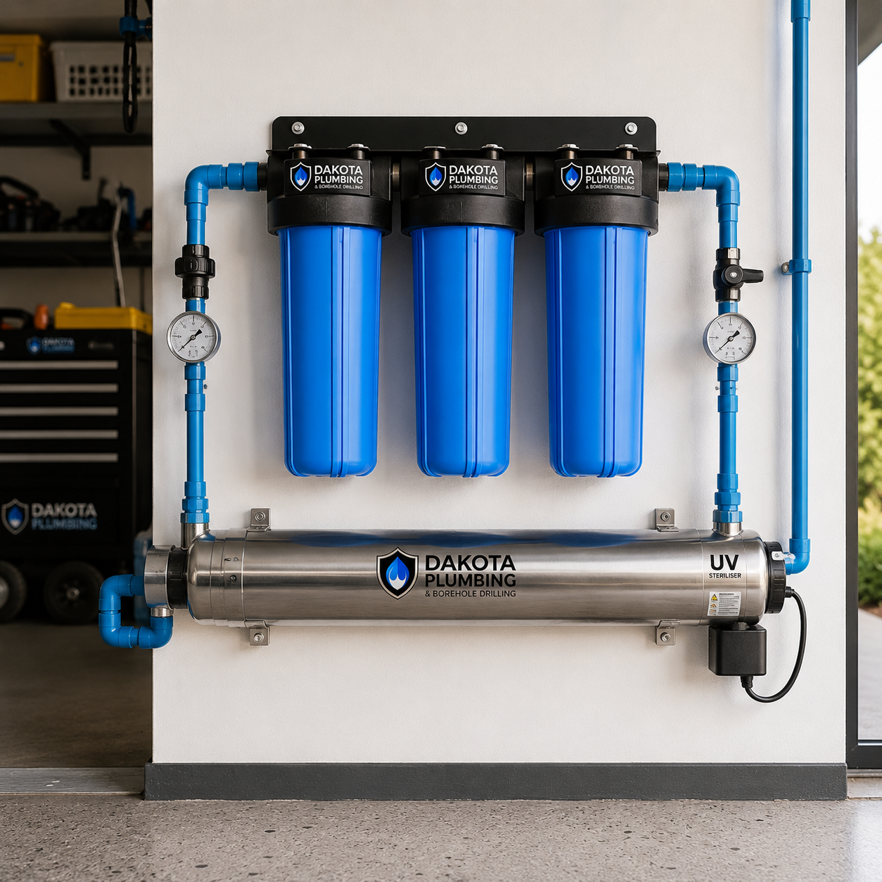 Filtration and UV purification tanks with control monitors