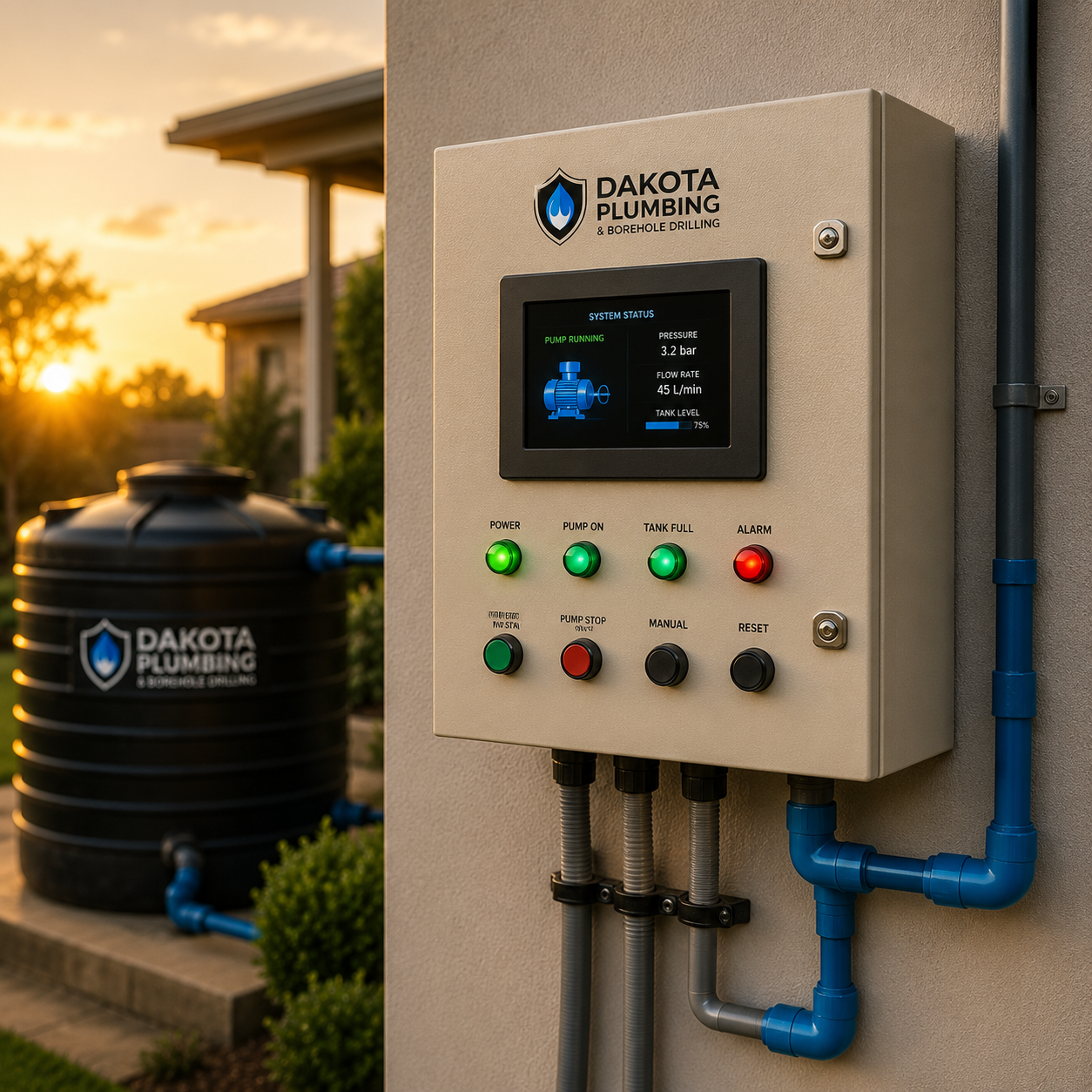 Automated control panel monitoring a water backup system