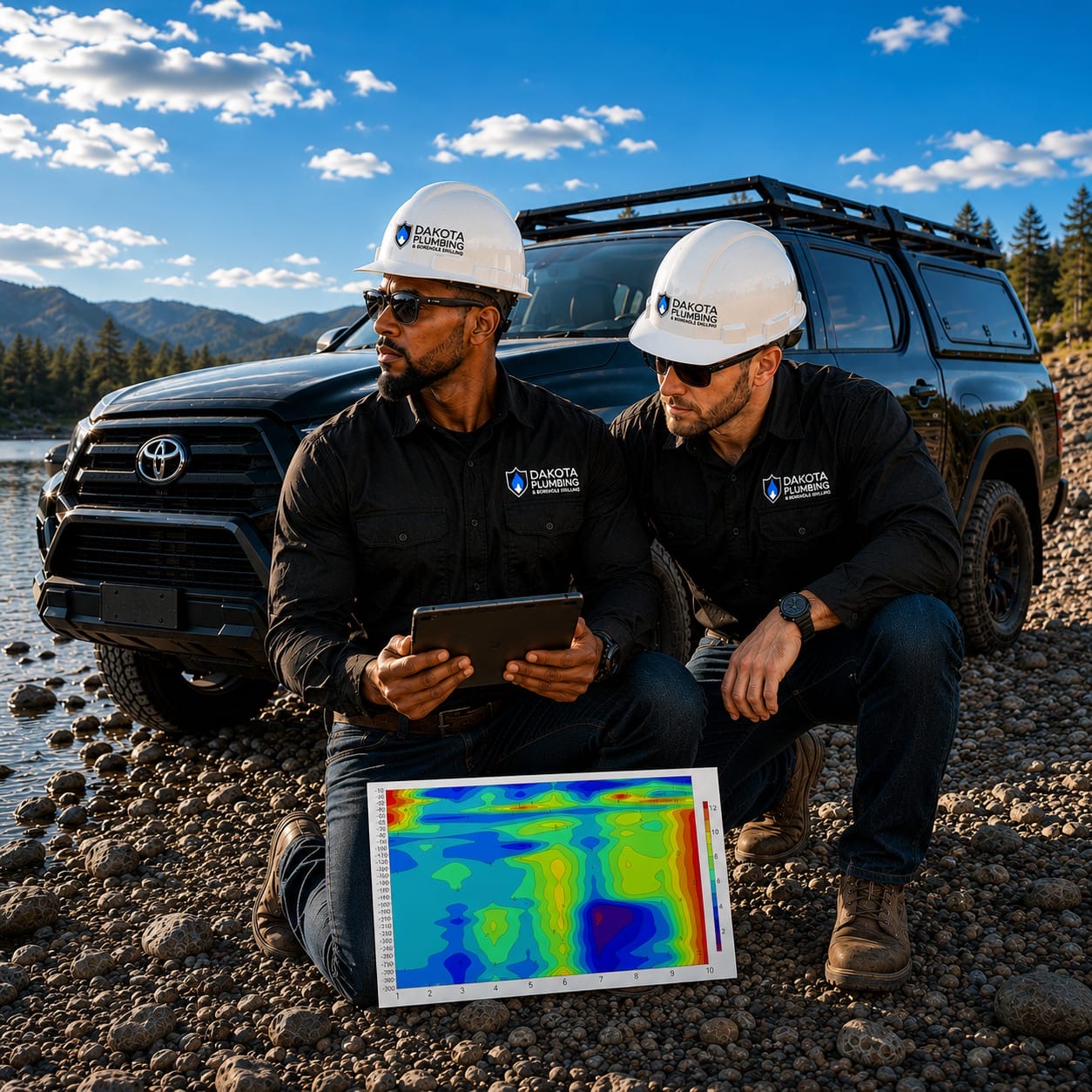 Dakota technicians reviewing a hydrogeological survey map on site