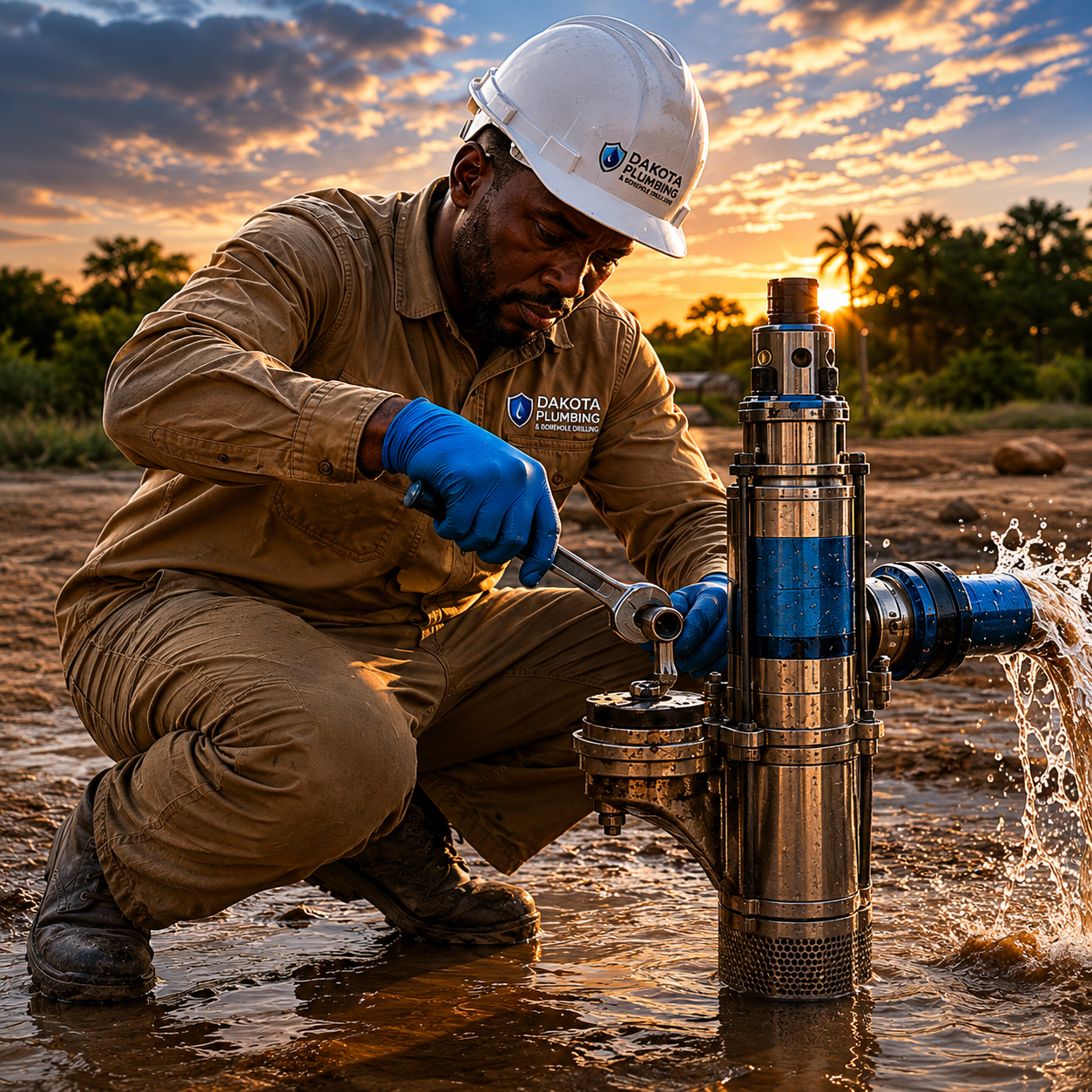 Dakota technician servicing a booster pump and pressure tank at sunset